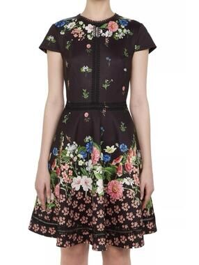 TED BAKER Dassie black floral cap sleeve mini dress sz 6